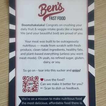 Ben’s Fast Food - business card - New American Near Me - San Francisco, California