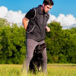 Dog and trainer outside
