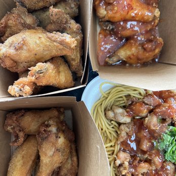 Shlap Muan Chicken Wings - Top left: Cambodian dirt To right: spicy garlic Bottom left: jalapeño msg Bottom right: garlic noodles - Chicken Wings Near Me - Long Beach, California