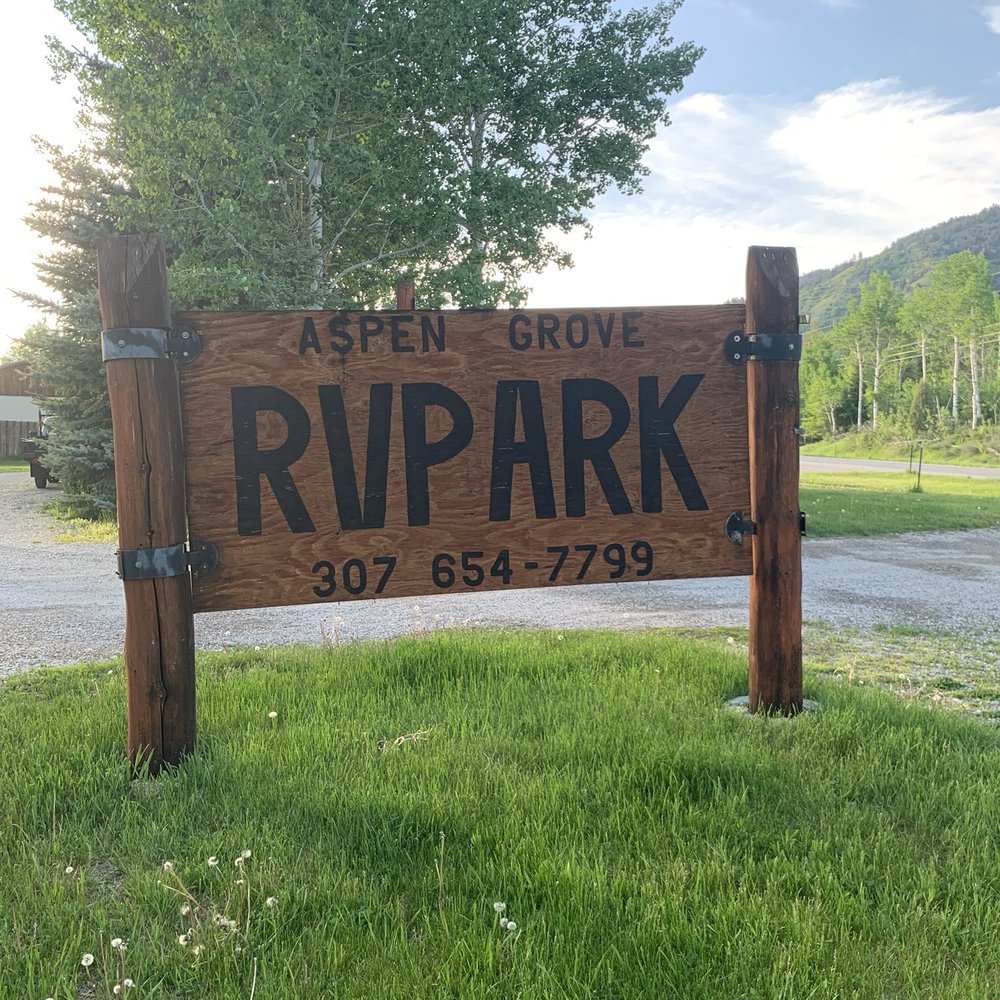 Aspen Grove RV Park - Sign from Hwy - RV Parks Near Me - Alpine, Wyoming