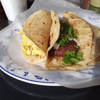 La Regia - Bacon and egg taco, shredded beef taco, and barbacoa taco - Tacos Near Me - Spring, Texas