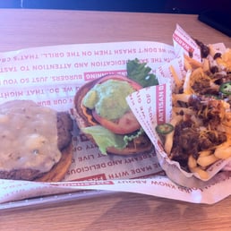Baja reg size burger and chili cheese fries