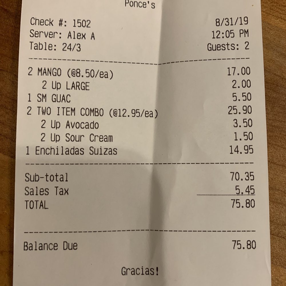Ponce's Mexican Restaurant - The bill for three meals and two mango margaritas! Worth it! - Mexican Near Me - San Diego, California Ponce's Mexican Restaurant - The bill for three meals and two mango margaritas! Worth it! - Mexican Near Me - San Diego, California