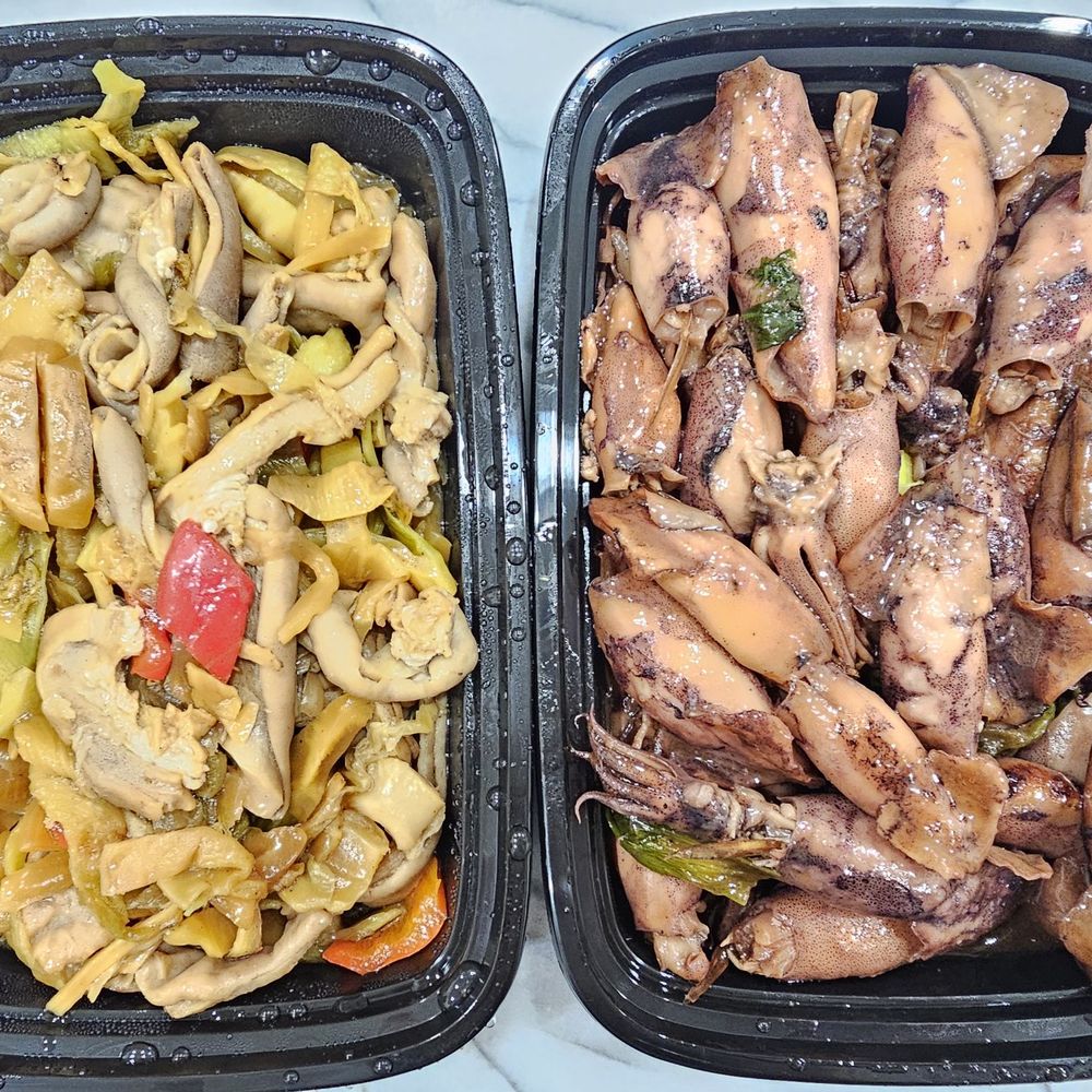 Lu's Garden - Sautéed Pork Tripe with Preserved Vegetable ($13.45) and Pan Fried Squid ($16.45). 5/30/2026 - Chinese Near Me - San Gabriel, California Lu's Garden - Sautéed Pork Tripe with Preserved Vegetable ($13.45) and Pan Fried Squid ($16.45). 5/30/2026 - Chinese Near Me - San Gabriel, California