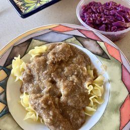 Goulash over their noodles with red cabbage! Wonderful New Year's lunch! Thank you gents.
