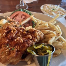 Hot honey fried chicken, delish pickles and super creamy yummy slaw