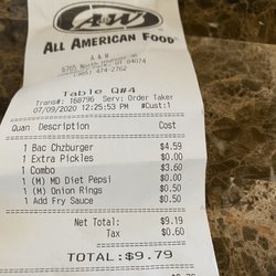 A&W Restaurant - The drive in snuck in a .50 charge for extra fry sauce and I never got it. Sneaky to do that.