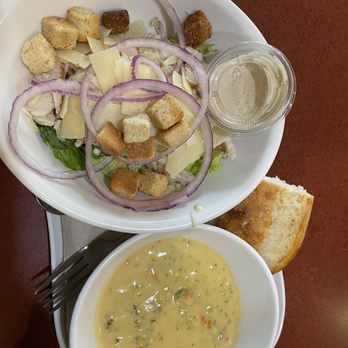 Panera Bread - Pick two Broccoli Cheddar Soup  and side chicken Caesar salad with onions - Sandwiches Near Me - Independence, Missouri