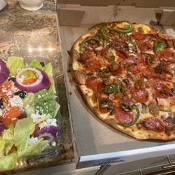 La Fresca Pizza - Thin crust Supreme pizza and Greek salad.