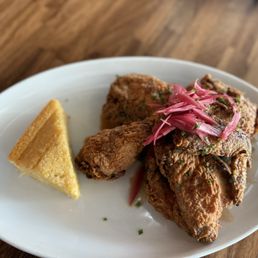 Fried chicken, greens and cornbread