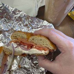 Lox bagel on a jalapeño cheddar bagel. Lox bagel on a jalapeño cheddar bagel.