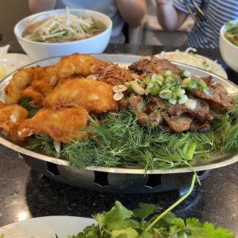 Pho Kim Long - 8. Tai, Chin, Nam, Gan (pho) and 33. Bun Bo Hue in the back. Bun Cha Ca Thit Nuong (crispy fish and bbq pork) in front - Vietnamese Near Me - San Jose, California