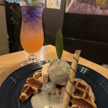 Cafe 104 - Black Sesame Croffle and Violet Guava Ade - Breakfast & Brunch Near Me - Duluth, Georgia