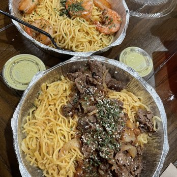 Nguyen's Kitchen - Top: Garlic noodles with Tiger Shrimp Bottom: Garlic noodles with Bulgogi - Vietnamese Near Me - South Gate, California