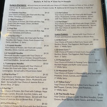 Chokdee Thai Cuisine of Manor - Lunch menu - The menu page features sections for smoothies, lunch entrees, and lunch curries. Smoothies are priced at $6.00, with options like Mango, Papaya, and Green Tea. Lunch entrees include dishes such as L.1 Chokdee Fried Rice, L.2 Basil Fried Rice, and L.3 Pad Thai, each priced at $9.50, with descriptions of ingredients and preparation. Curry options like L.13 Red Curry, L.14 Green Curry, and L.15 Panang Curry are listed with prices of $9.50, including details about ingredients and spice levels. The menu emphasizes traditional Thai flavors and ingredients. - Thai Near Me - Manor, Texas