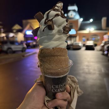 Crispy Cones - crispy cone with vanilla soft serve, kit kat chunks, and nutella sauce - Desserts Near Me - Carlsbad, California