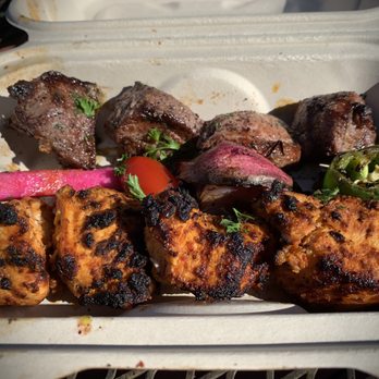 Mazra - Chicken and Lamb Kabobs. Chicken in particular was very flavorful. - Middle Eastern Near Me - San Bruno, California Mazra - Chicken and Lamb Kabobs. Chicken in particular was very flavorful. - Middle Eastern Near Me - San Bruno, California