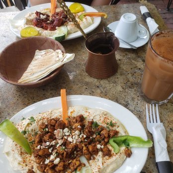 Andala Coffee House - Merguez Hummus Plate (top) and Turkish Coffee and Ajami with Chicken and Iced Chai Latte (bread included) - Middle Eastern Near Me - Cambridge, Massachusetts