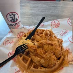 Slim Chickens - Chicken and Waffle plate comes with a drink.