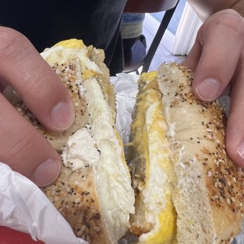 Stuff A Bagel - Sausage, egg and cheese on an everything bagel. (Add cream cheese) - Bagels Near Me - Windermere, Florida