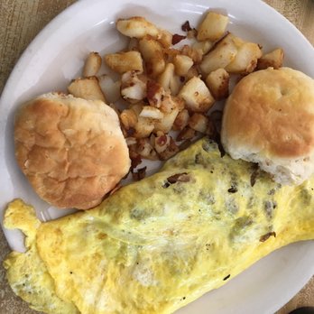 Old Richmond Grill - The Super Omelet with hashbrowns with two biscuits. Yum! The Omelet was hanging off the plate! - Southern Near Me - Pfafftown, North Carolina