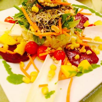 Yerbabuena - Potato Salad w/ greens, surrounded by beets, mangoes, corn & dressed w/ dried fruits vinaigrette. Very tasty! - Vegetarian Near Me - Madrid, M Yerbabuena - Potato Salad w/ greens, surrounded by beets, mangoes, corn & dressed w/ dried fruits vinaigrette. Very tasty! - Vegetarian Near Me - Madrid, M
