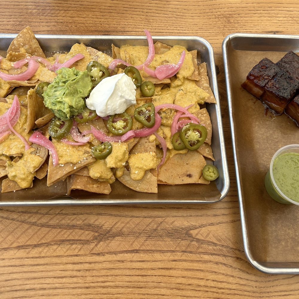 Golden Boy Barbecue - Nachos w/ side of house salsa verde. Pork belly added. - Barbeque Near Me - Elmhurst, Illinois