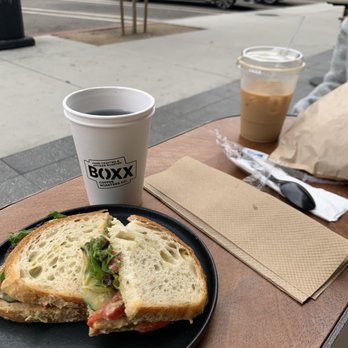 Boxx Coffee Roasters - Veggie sandwich , blue jasmine tea & latte in back! - Coffee Roasteries Near Me - Los Angeles, California
