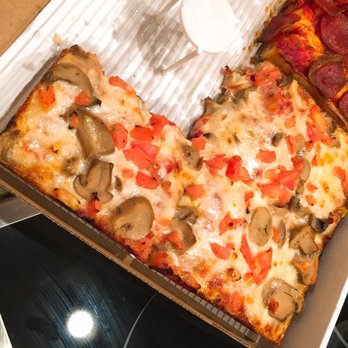 Jet's Pizza - 8 corner - half with tomato and mushroom - Pizza Near Me - Indianapolis, Indiana Jet's Pizza - 8 corner - half with tomato and mushroom - Pizza Near Me - Indianapolis, Indiana