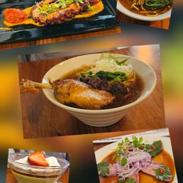 Octopus, duck and shrimp ramen, hamachi carpaccio and matcha panna cotta.