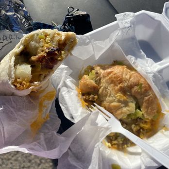 Papa Frank's - Breakfast bacon burrito green chili and breakfast  Croissant sausage with Green chili - Mexican Near Me - Albuquerque, New Mexico