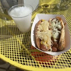 Mom's Hot Dogs - Hot dog with mustard and kraut, chili dog with onion (no cheese) - frozen lemonade for the beverage
