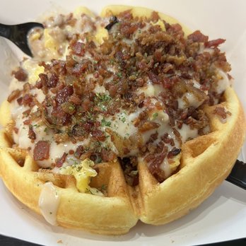 Capitol Waffle Shop - Country Breakfast Waffle (egg, sausage gravy, bacon) - Breakfast & Brunch Near Me - Harrisonburg, Virginia Capitol Waffle Shop - Country Breakfast Waffle (egg, sausage gravy, bacon) - Breakfast & Brunch Near Me - Harrisonburg, Virginia
