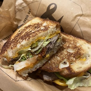 Lardo - Sancho's Grilled Cheese Brisket burnt ends, cheddar and American, pickled jalapenos and shredded iceberg - Sandwiches Near Me - Las Vegas, Nevada