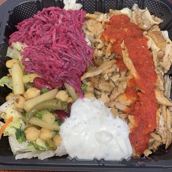 Istanbul Grill - Chicken salad, with beets, chickpeas, white sauce, and spicy red sauce - Mediterranean Near Me - Pittsburgh, Pennsylvania