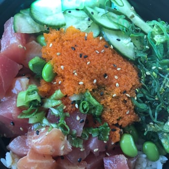 Poke n Salad - I chose the large bowl with ahi tuna and salmon with white rice, house poke sauce, endamame, seaweed, cucumber, green onion, and masago - Poke Near Me - Temecula, California
