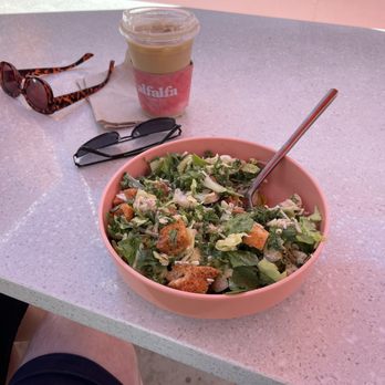 Alfalfa - Salad - Alfalfa greens mix, house-made croutons, parmesan reggiano, roasted chicken, Cesar salad dressing - Donuts Near Me - Santa Monica, California