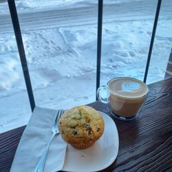 Cinnamon maple latte, and chocolate chip muffin