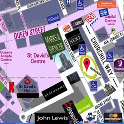 City Marshall Shiatsu Sports Massage & Reflexology - Detailed map of the immediate area showing the walking route to City Marshall from central Cardiff and visitor's parking at City Marshall