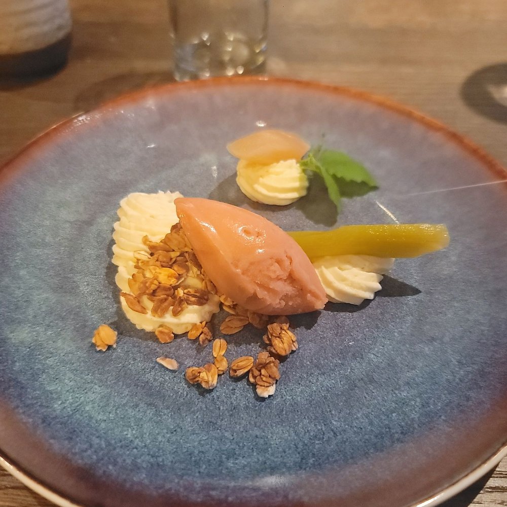 Cornelius - Berry sorbet with whipped panna cotta, toasted oats, and rhubarb - Restaurants Near Me - Mathopen, 12 Cornelius - Berry sorbet with whipped panna cotta, toasted oats, and rhubarb - Restaurants Near Me - Mathopen, 12