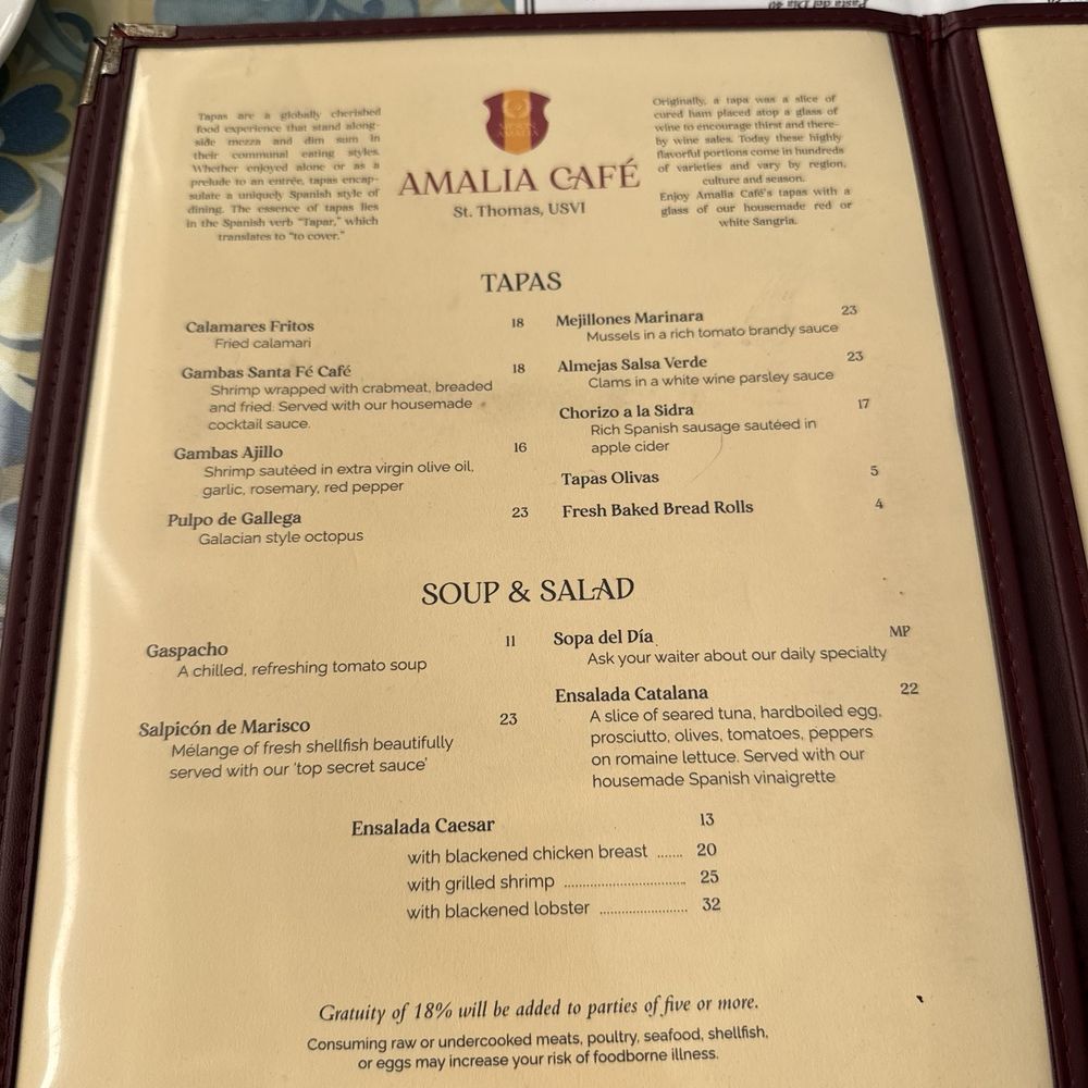 Amalia Cafe - First page of menu - Spanish Near Me - St Thomas, Virgin Islands Amalia Cafe - First page of menu - Spanish Near Me - St Thomas, Virgin Islands