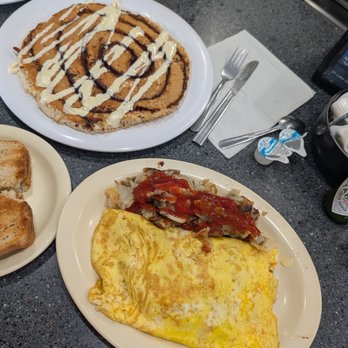 Wade's Diner - My omelette with that cinnamon swirl pancake on the side.. - Diners Near Me - Oswego, New York Wade's Diner - My omelette with that cinnamon swirl pancake on the side.. - Diners Near Me - Oswego, New York