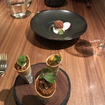 Indian Accent - Trio of spiced and shredded meat cones including duck chicken and lamb - Indian Near Me - New York, New York Indian Accent - Trio of spiced and shredded meat cones including duck chicken and lamb - Indian Near Me - New York, New York