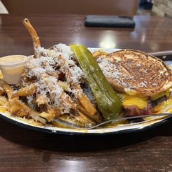 Pigfish Cafe - Bacon burger melt w/ garlic fries.