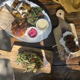 Avocado toast, lamb Kafka, roti chicken with tabbouleh and pommes (potatoes). Avocado toast, lamb Kafka, roti chicken with tabbouleh and pommes (potatoes).