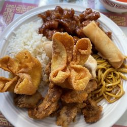 China Gate - Lunch buffet plate. Crab Rangoon, pot stickers, egg roll, rice, lo mein, sweet and sour chicken, general tsao chicken.