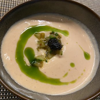 Yo Nashi - Buttermilk tomato bisque with chive oil and local caviar. - Sushi Bars Near Me - New Orleans, Louisiana Yo Nashi - Buttermilk tomato bisque with chive oil and local caviar. - Sushi Bars Near Me - New Orleans, Louisiana