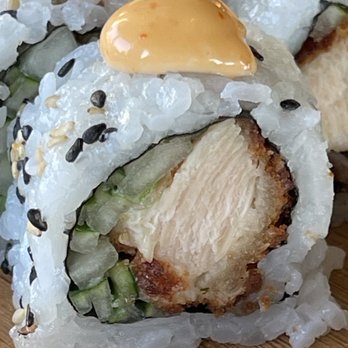 Touken Sushi - Hunters Creek - Fried chicken with cucumber instead of avocado. Spicy Mayo on top. - Japanese Near Me - Orlando, Florida