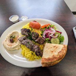 The Beef Kabob Platter.