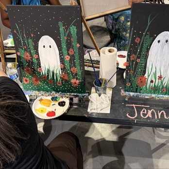 Pinot's Palette - Two paintings of ghosts standing in tall grass with red flowers around them. - Art Classes Near Me - Oklahoma City, Oklahoma Pinot's Palette - Two paintings of ghosts standing in tall grass with red flowers around them. - Art Classes Near Me - Oklahoma City, Oklahoma